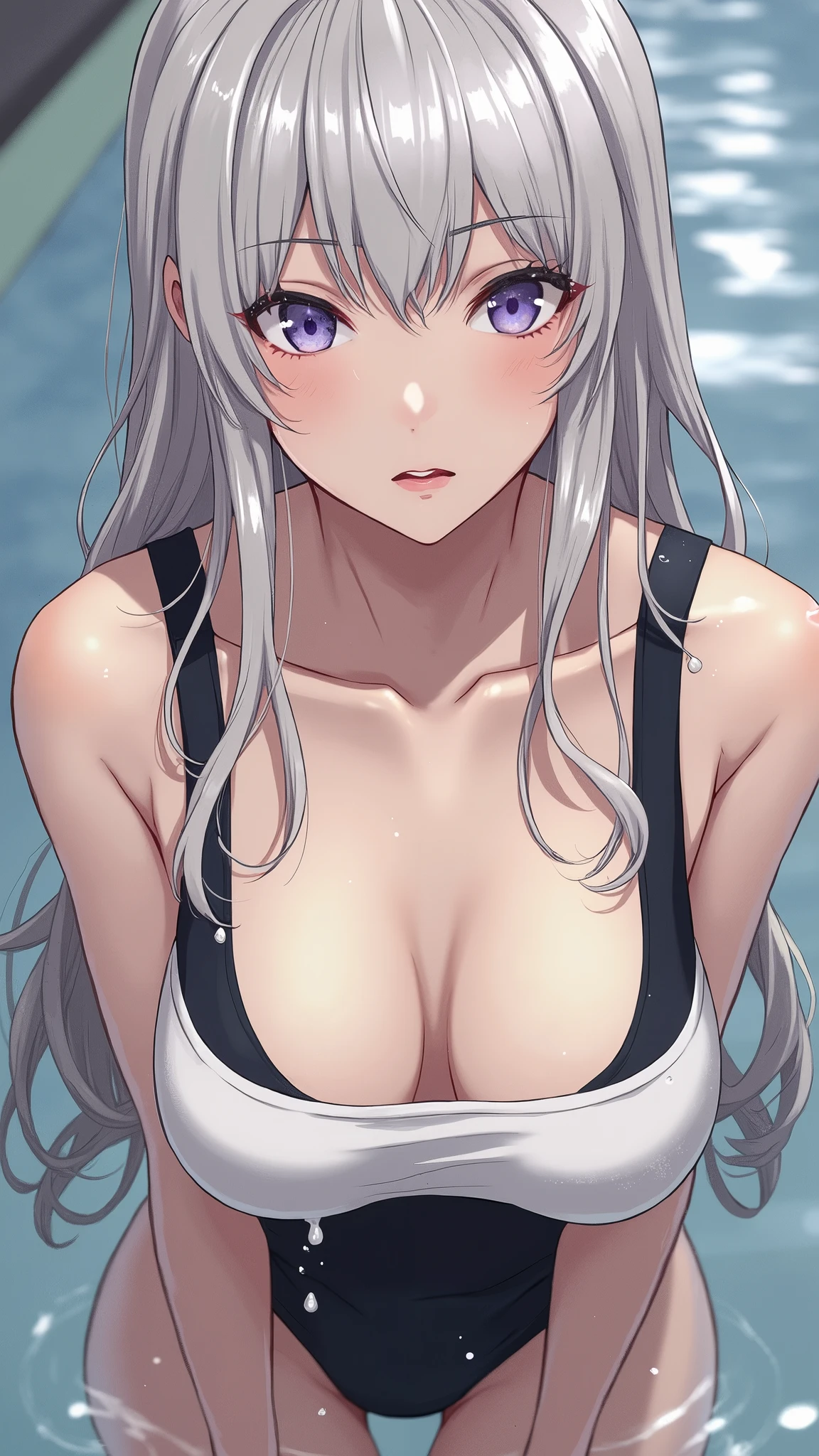 Best Quality, 8k, High resolution, high quality, masterpiece, Beautiful, (Anatomically correct:1.2), A beautiful woman, 40s, Silky gray hair, Straight Long, long bangs that hide one eye, Red eyes, Beautiful Skin, Tall and toned body, pointy big breasts, Extreme Black Micro Bikini, valley, indoor, Charm,