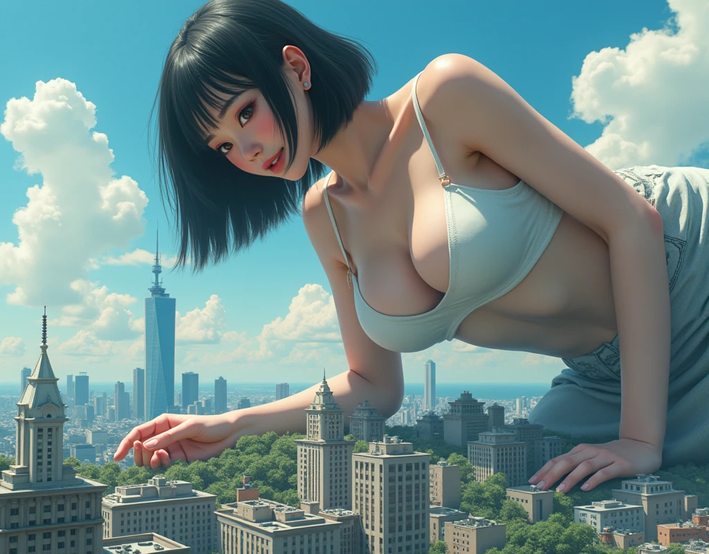 Huge，adolescent，black fur，divide white, sarcastic smile，joke，A giant girl taller than a building., bare legs, bare feet, Barefoot，destroying the city，miniature city，Standing in the city. Great detail, well-shaped face and body, beautiful, raised foot 