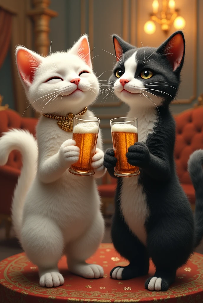 Duo, two girls, twins, score_9,score_8_up,score_7_up, source_cartoon, kat, Anthro furry feline, female, tall slender body, blonde, long undercut hair, pink nose, blue eyes, white whiskers, hourglass figure, silver fur, grey stripes, furry body, wearing black laced shirt, black short shorts, they are drinking beer at a tavern, holding mugs of beer, they are smiling softly, content face, sitting by each other, looking away, facing away from each other