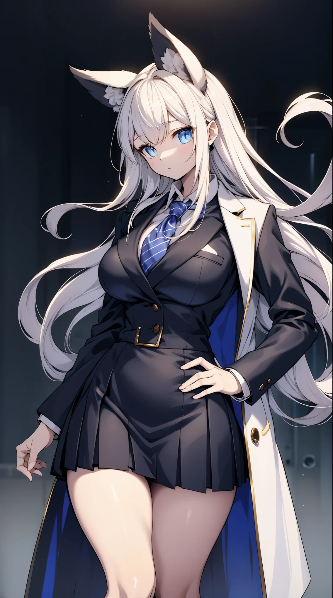 Professional clothing，Female CEO，高冷Female CEO，Cool and mature women，Full figure，indifferent，White long hair，suit，Tight skirt，Hip skirt，No pleated skirt，Work skirt，White lining，Black coat，Icy style，One hand on waist，White hair long hair，White long hair，White hair，White ear，Wolf ears ，毛茸茸Wolf ears，Thick thighs，Large Breasts，Big breasts，Fleshy thighs，Chubby thighs，Thin waist and wide hips