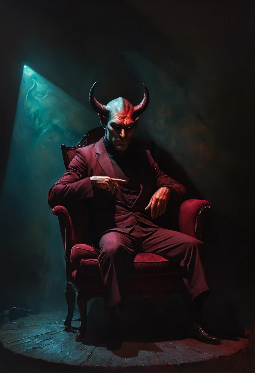 (devil,prince of hell,sits on throne), dark red velvet material,evil grin and piercing eyes, in a dimly lit chamber with flickering candlelight,smoke and shadows, surrounded by tortured souls, creepy atmosphere, Gothic art style, dark and intense color palette, dramatic lighting