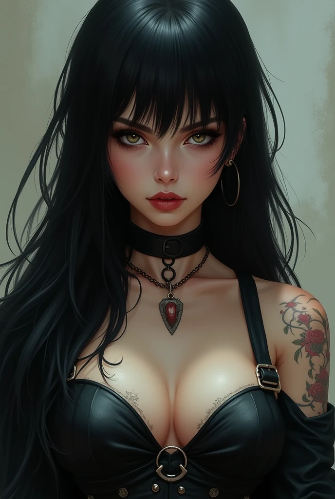 All intrincate details: "A side view illustration of Csilla, A 1 with a body identical to Priscilla Ricart with a distinctive combination of punk and gothic style. In this view, Csilla's long wavy blue hair can be seen falling to one side, showing her two braids adorned with large bows and silver flower-shaped brooches. His deep blue eyes are visible from the side, keeping a serene and melancholic look. She is wearing a white blouse with lace and sheer details., with a wide V-neckline adorned with a black cross. Her black miniskirt with a decorative belt, which includes pendants such as a crescent moon shaped amulet, It is also visible from the side. Csilla's legs show a black fishnet stocking on one leg and a white bandage with a black cross on the other.. She is wearing black fingerless gloves, with one of them featuring a mesh design, and black shoes with buckles, combined with white socks with ruffles. The background is a futuristic cityscape, but the focus is on Csilla's side profile, capturing its unique and detailed appearance, ((50% nude))"