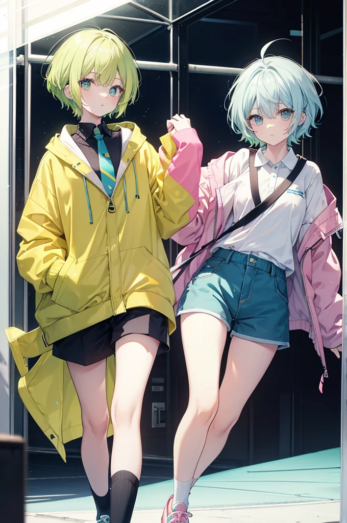 Light yellow-green hair, light blue inner color in hair, short hair, dark pink jacket, black short sleeves, navy blue shorts, white short socks, red sneakers yellow-green ties on wrists