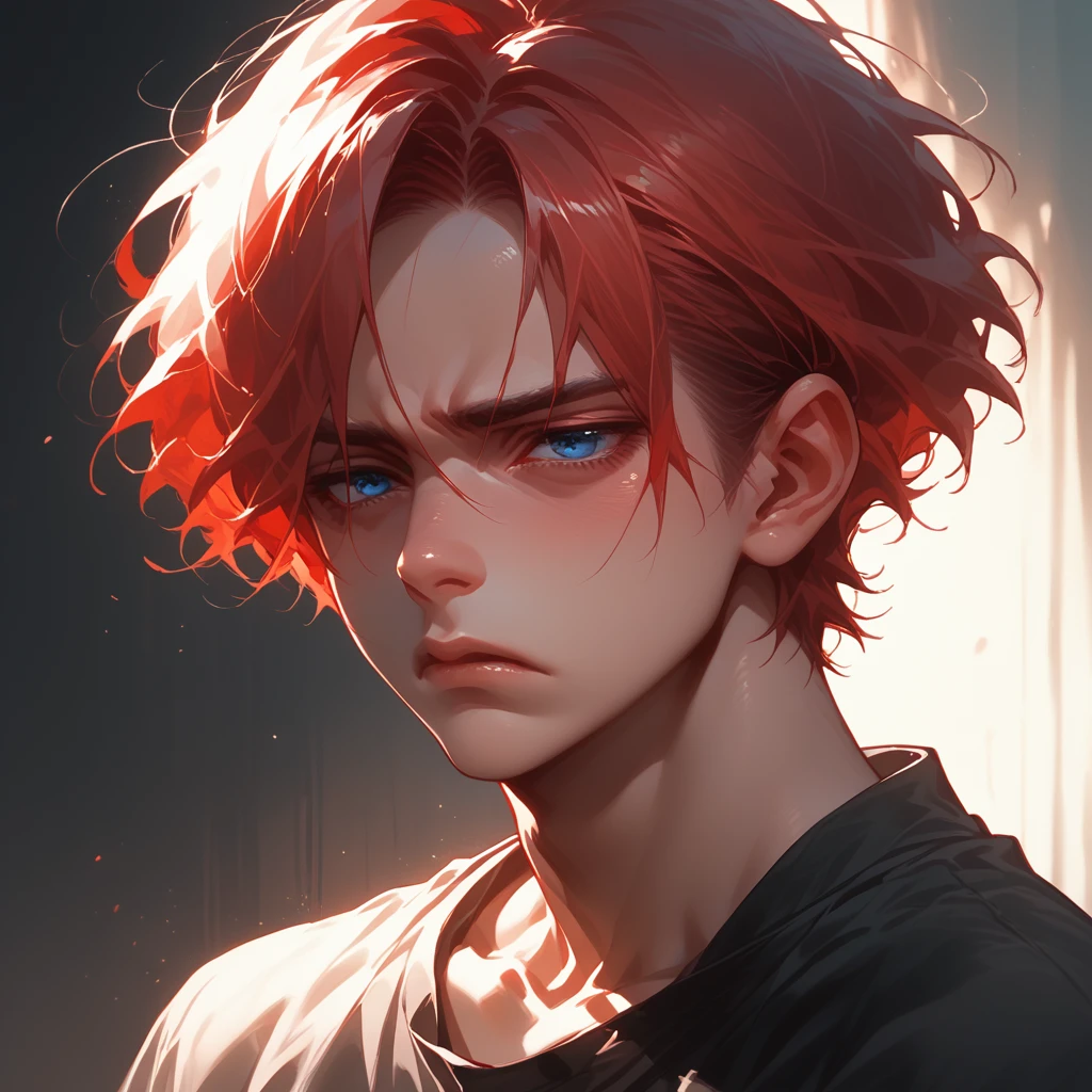 a boy, pretty face, dark blue eyes, tired look, black room, eyes on the beholder, physically strong, anime, hentai, red hair, with a cut in the mouth