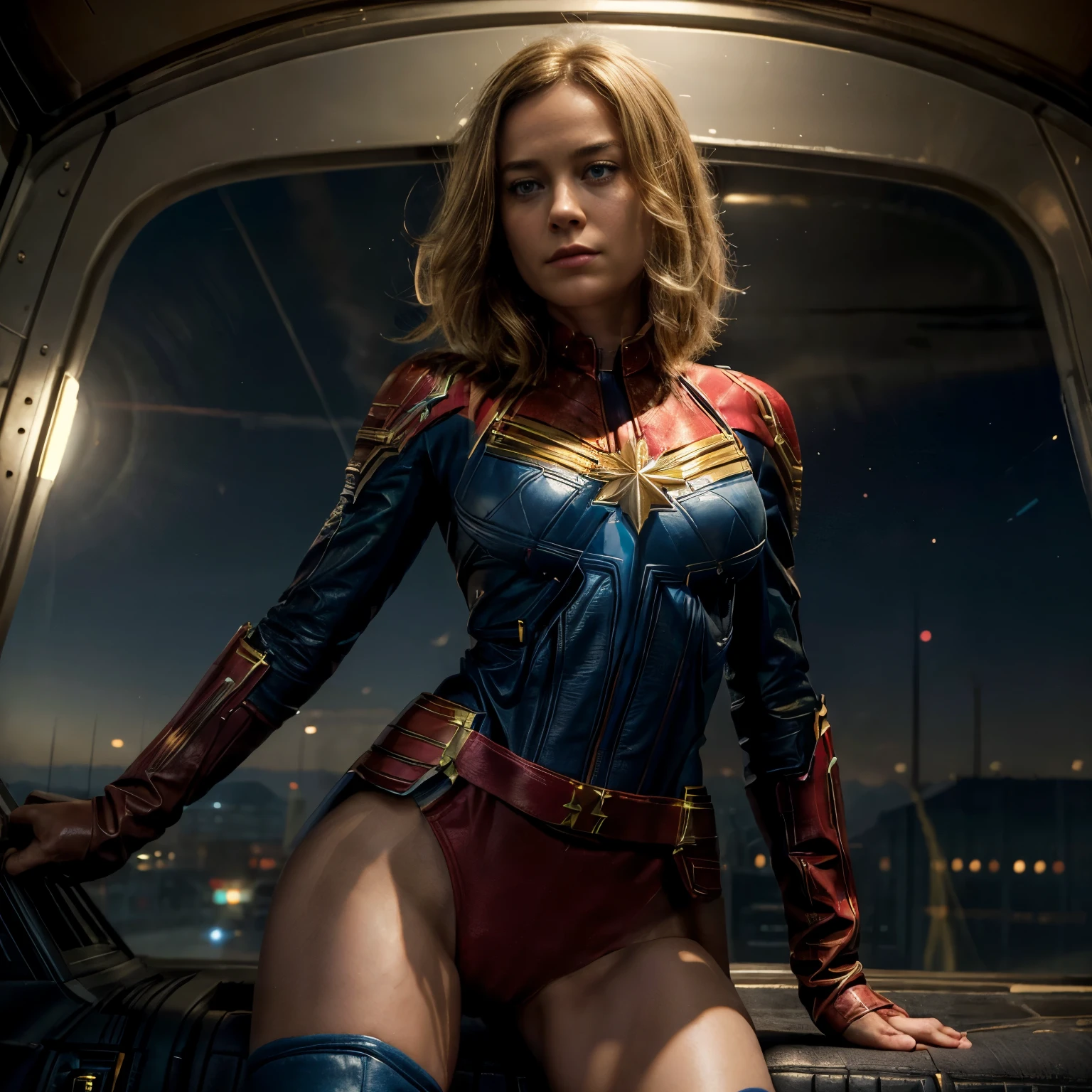(masterpiece), best quality, expressive eyes, perfect face,solo,1girl,(Brie Larson),Carol Danvers open thighs,Captain Marvel open thighs,(tite bodysuit), blue eyes, gloves,knee high boots,blonde short hair,camel toue,puffy nipples,camel toue,(shoot from below),(air force base clear sky),