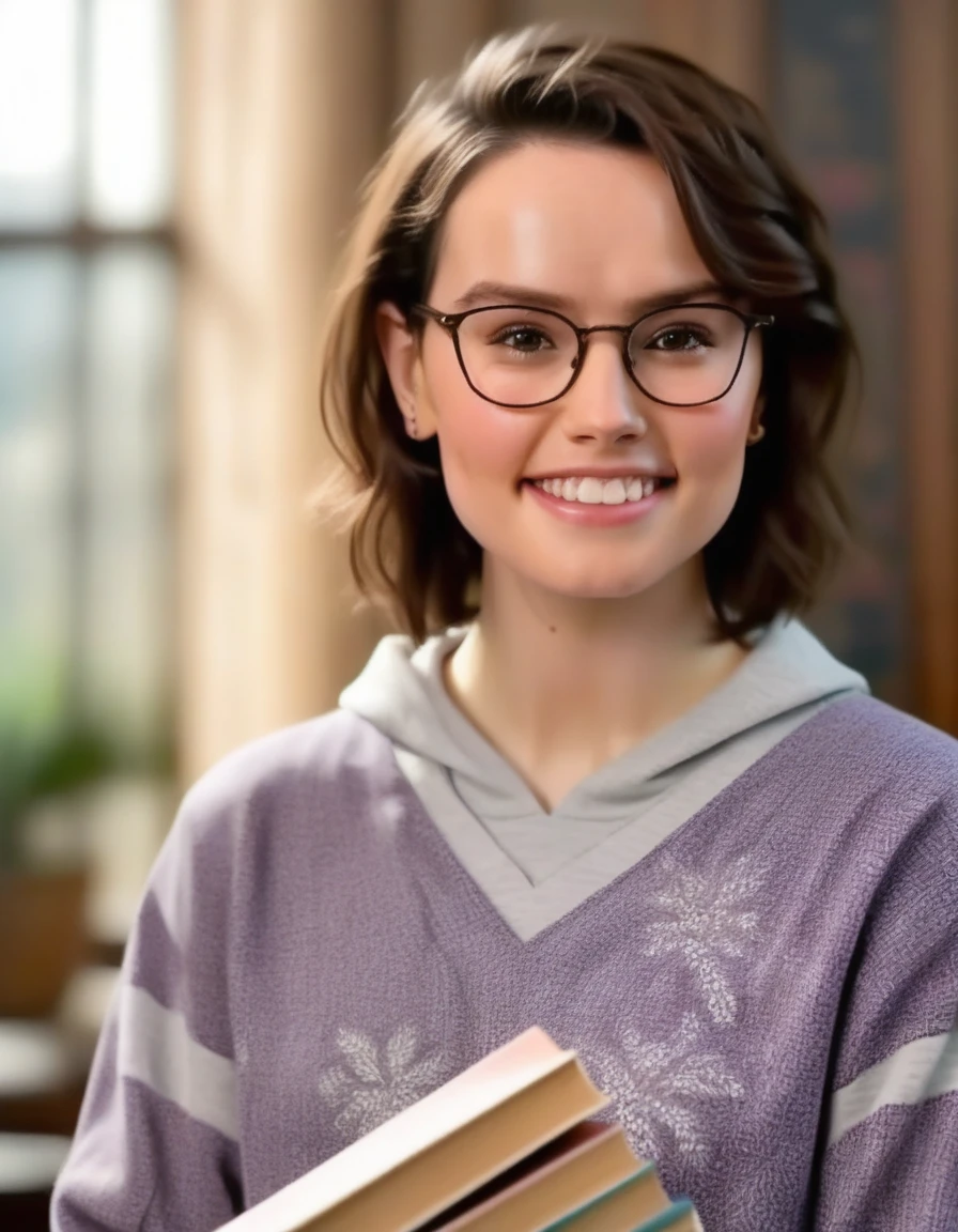 DaisyRidley,A waist-up portrait of a young beautiful brunette girl, Glasses, Wearing sweatshirt, Smiling, Holding Books, A little Nerdy, lip-gloss, (freckles:0.5) skin, straight medium length hair style, "slim with curves", (breasts:0.8), (batik:1.55) shirt, Detailed face, Clear face