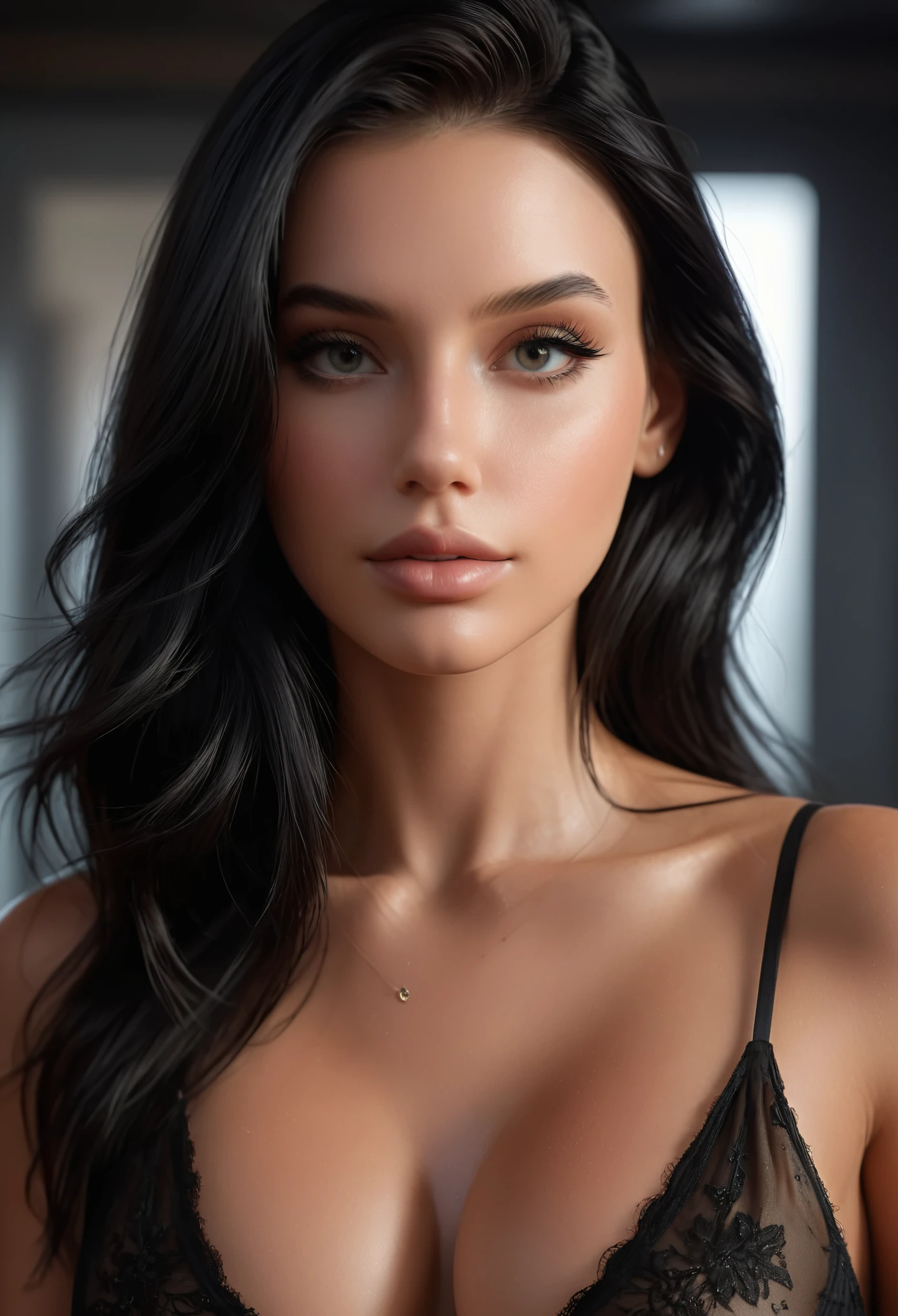 Sexy black hair Hailey Grice portrait of her facing the camera with soft even lighting, , looking right at the camera high quality, masterpiece, UHD (facing the camera) (front view) flat, even lighting realistic human face, real human face with skin, realistically rendered face, human face realistic, single realistic face, human realistic face, realistic person, extremely realistic face, realistic detailed face, ultra realistic face, face very realistic, realistic restored face, detailed realistic face, highly detailed realistic face