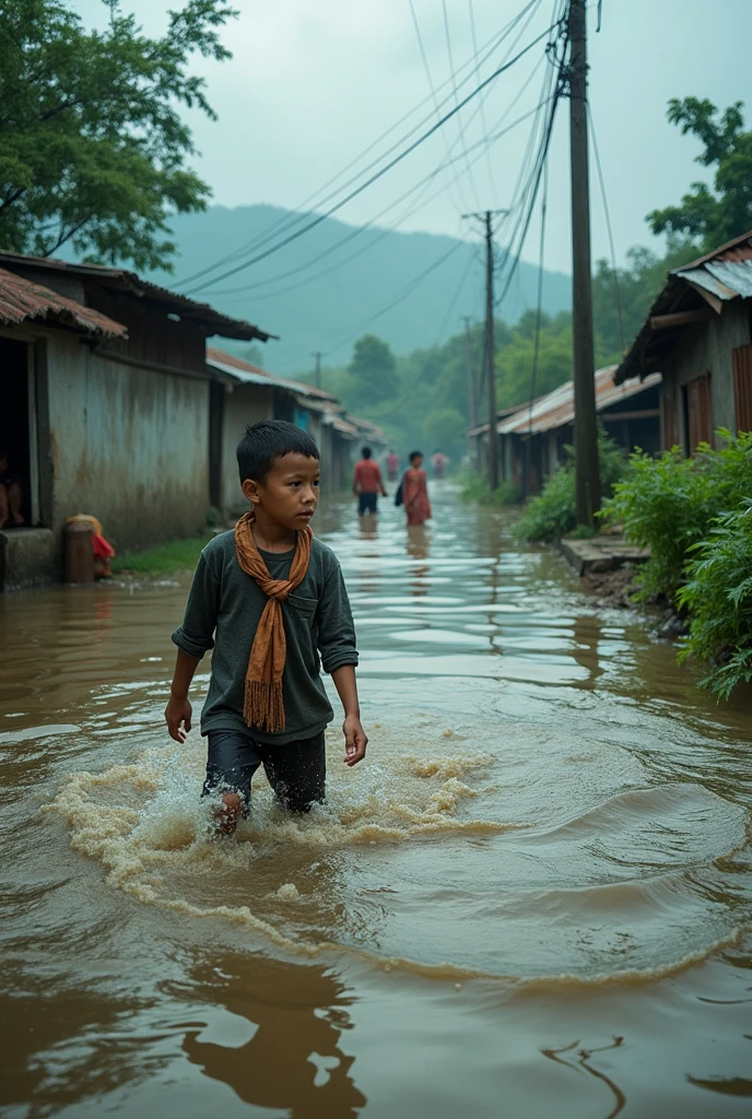 A child is floating in heavy flood in Bangladesh