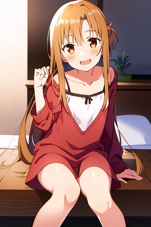 ((Best Quality)), ((masterpiece)), (be familiar with), Perfect Face, indoor, bedroom, Watching the audience,
One woman, Yuuki Asuna,
Open Mouth, Ecstatic expression, blush, smile,
Small breasts, Flat Chest, , , child, Girl,
Long Hair, Long Hair,
Leg spread,