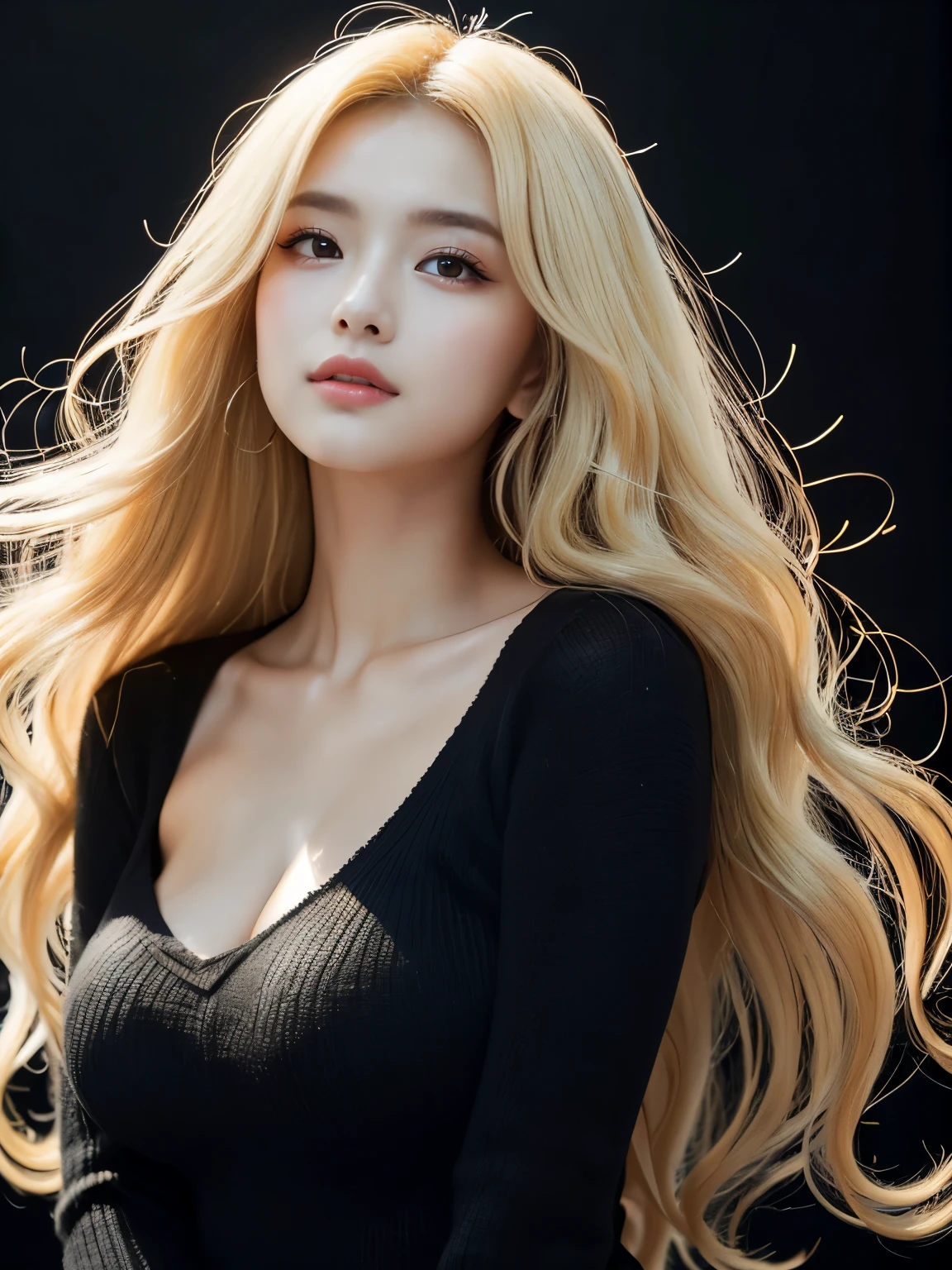 ((((blonde、Super long hair、とてもLong Hair、Fluffy Wave、Black background、blonde、Look forward、Nordic)))))))、blonde、Tabletop, Highest quality, Photorealistic, In detail, High resolution, 8k wallpaper, Perfect dynamic composition, Beautiful attention to detail, Long Hair, Big ample breasts、24-years-old、(Droopy Eyes 1.4)、Adult Beauty、Japanese、Big Breasts