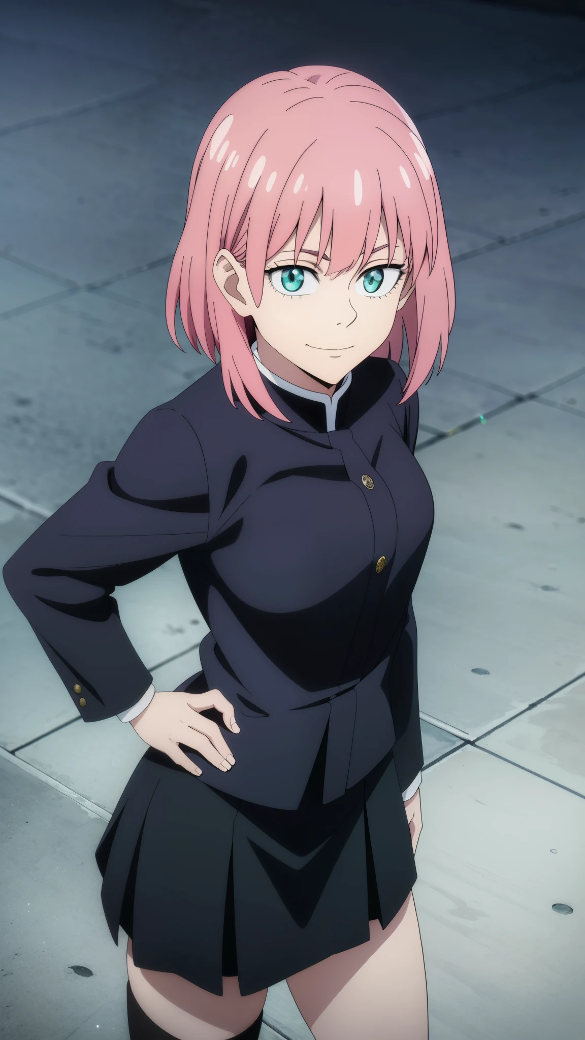 (high-quality, breathtaking),(expressive eyes, perfect face) 1girl, female, solo, ager, pink hair, Emerald green eye color, medium hair length, looking at viewer, half body, bright smile, kind face, cheerful expression, small black horns, dark black blue long sleeved shirt, collared shirt, ((dark black blue Skirt)), White thigh high socks, absolute territory, (((jujutsu kaisen uniform))), jujutsu high school uniform, flowy hair, feminine face, medium wavy hair, grey background, portrait, stylized hairstyle, Anya forger inspired, (vibrant light pink hair), sparkly eyes