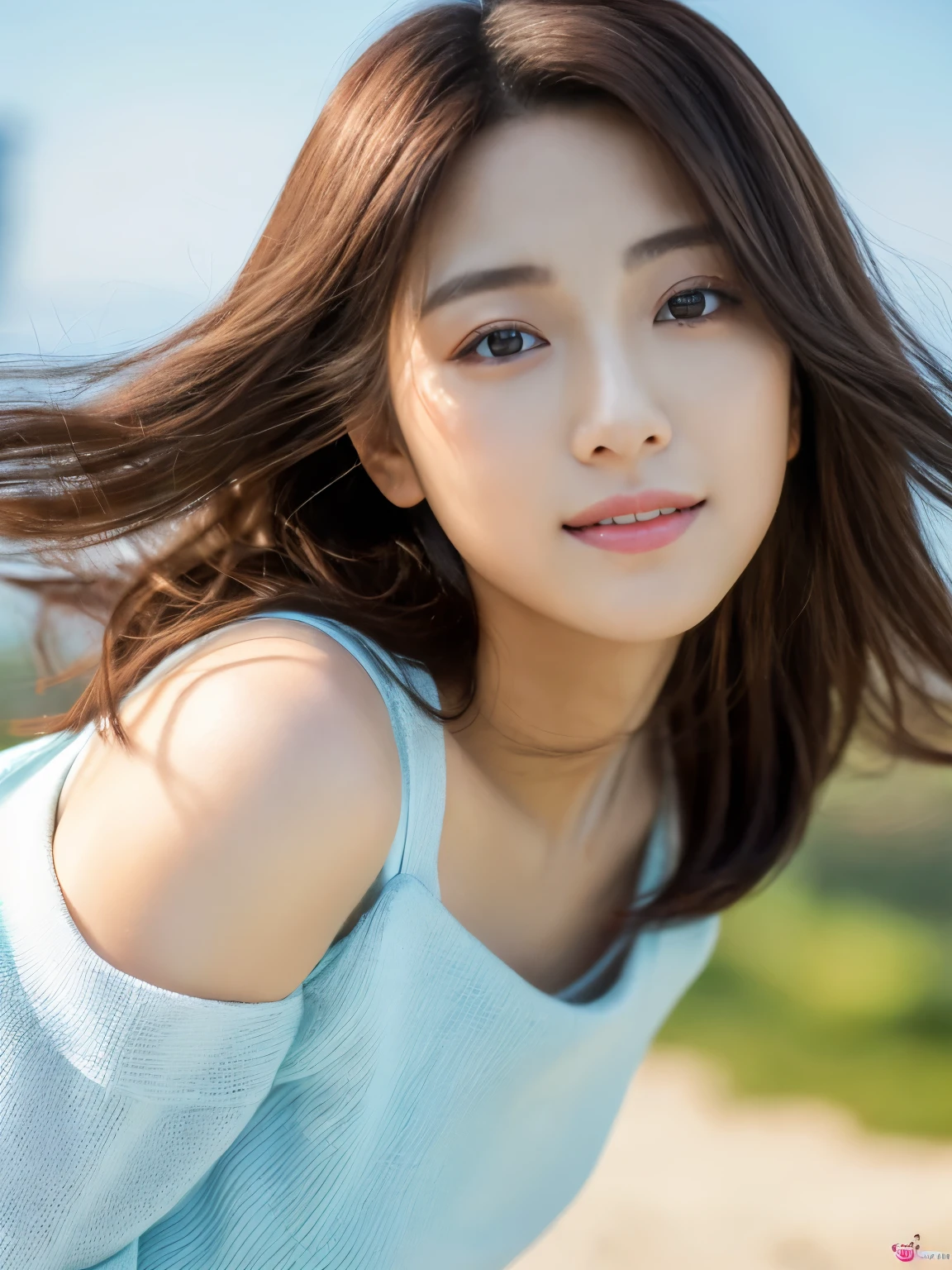(Highest quality,masterpiece:1.3,Ultra-high resolution),(Very detailed,Caustics,8K),(Realistic:1.4,RAW shooting),[roller:Shiita Keai:0.5],Japanese,28 years old,cute,(I'm looking at the camera with a smile on my face),(Black hair fluttering in the wind:1.1),Mid-length hair,Natural Makeup,(big ),White blouse,(Bust up shot),(Front view),The sea shines as it reflects the sunlight.,Soft Light,Natural light,Professional Writing