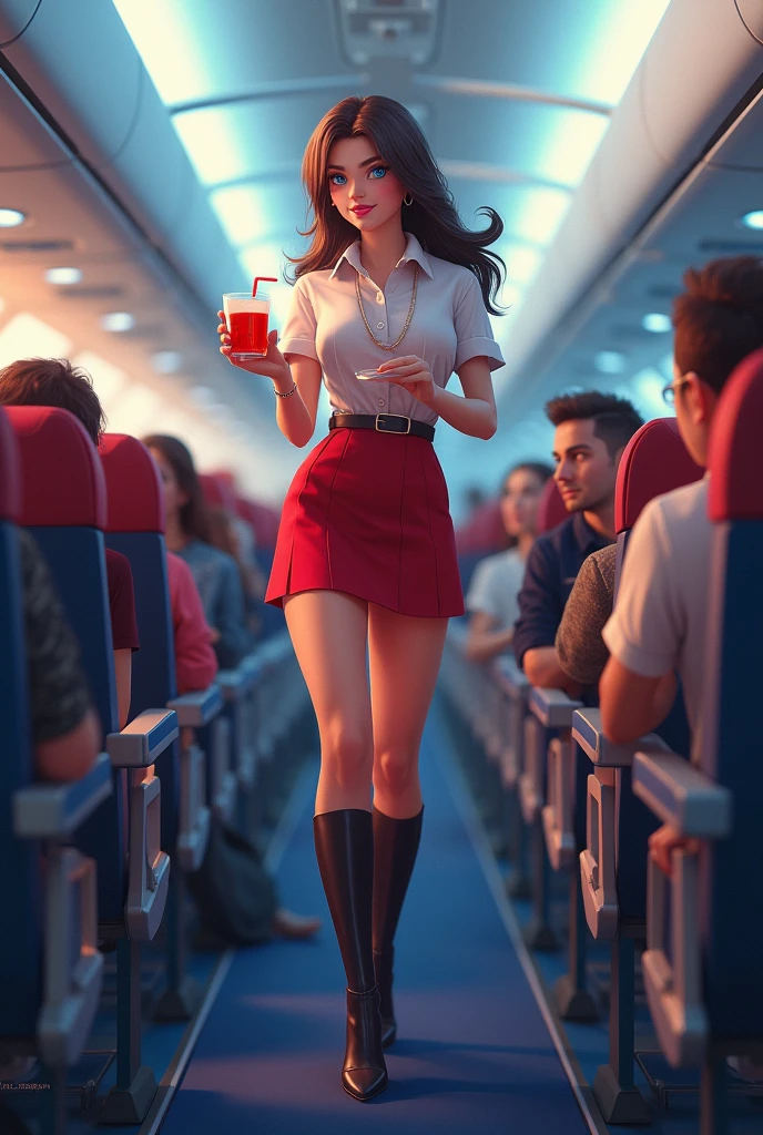 Use this last female flight attendant avatar, realistic looking, very detailed, with red hair tied in a bun and red pubic hair, big green eyes and freckles, and this is mandatory, she must be completely and absolutely nude, with absolutely no clothes whatsoever (that means no bra, panties, dress, bodice, skirt, pants, jacket or any other form or type of clothing, except for the flight attendant's hat!). Breast size must be 58DDD, make the narrow waist and her wide hips. One hand on her hip and the other hand in a "beckoning, come to me" gesture, holding an airline demonstration oxygen mask. Show her entire body, from head to toes, frontal view. Provide a wide body commercial passenger plane interior setting (Mexicana Airlines) with no other human forms. Remember, NO CLOTHES WHATSOEVER except for the flight attendant's green headdress with the golden wings! Again, no clothes at all, except for the flight attendant headdress. Not Safe For Work NSFW is demanded!