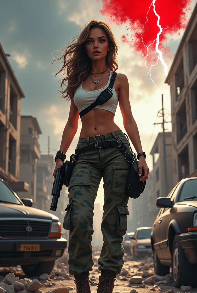 Dramatic action, lightning sky full of action, beautiful woman jumping, looking at the camera, detail face, among many damaged cars with agility, illustration of holding a gun like a toy in the middle of a car ,facing forward, cargo pants, body crop top with sauce spots, sling bag, illustration of the top of the red ink blot, abandoned building road background with some overturned cars full HD, full hd,detail face,pose relax stand up car, free style