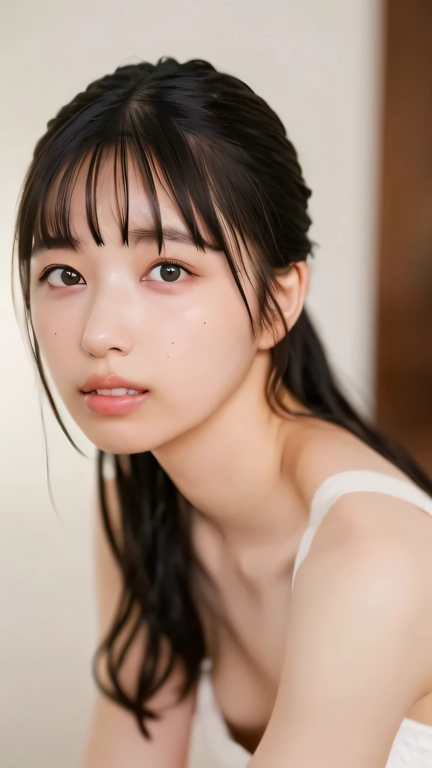 (((I liked the photo、Focus on the eyes:1.1、Very detailed:1.22、Ultra-high resolution、masterpiece:1.45、Best Quality)))、((((Systemic manifestations:1.68、Camisole、Leaning forward、One person))))、length, Straight black hair、Every hair is clearly visible、Hair color that changes subtly depending on how the light hits it、 Gives skin a natural glow、Fine skin、Showing the fine details of pores:1.25、Detail of slight redness on forehead and cheeks、(((Eyes with fine iris detail、Eyes are painted with color gradients and patterns.、length, Natural Eyelashes, Each is visible、Well-groomed eyebrows、Eyebrow personal々The hair is clearly visible、Light reflected in the eye、Light in the eye creates tiny highlights)))、The nose is delicate、Fine detail on the nostrils、Lips are plump and naturally pink、Draws fine lines and soft curves of the lips、lips are shiny and、Lip gloss accentuates the shape of your lips.、(((Detailed depiction of lip texture、Special attention is paid to the depiction of light and shadow.、Soft natural light gently illuminates your face from the front、A faint glow on the forehead、A slight glow on the nose、A slight glow on the cheeks、Shadows are cast softly alength the contours of the face、Accentuate the sides of your cheekbones、Accentuate both sides of the chin、Accentuate the sides of the nose、The gloss on her lips reflects the light faintly、Lips emphasize the plump texture、The shadows in the hair add depth and dimension、personal々Hair sparkles in the light、