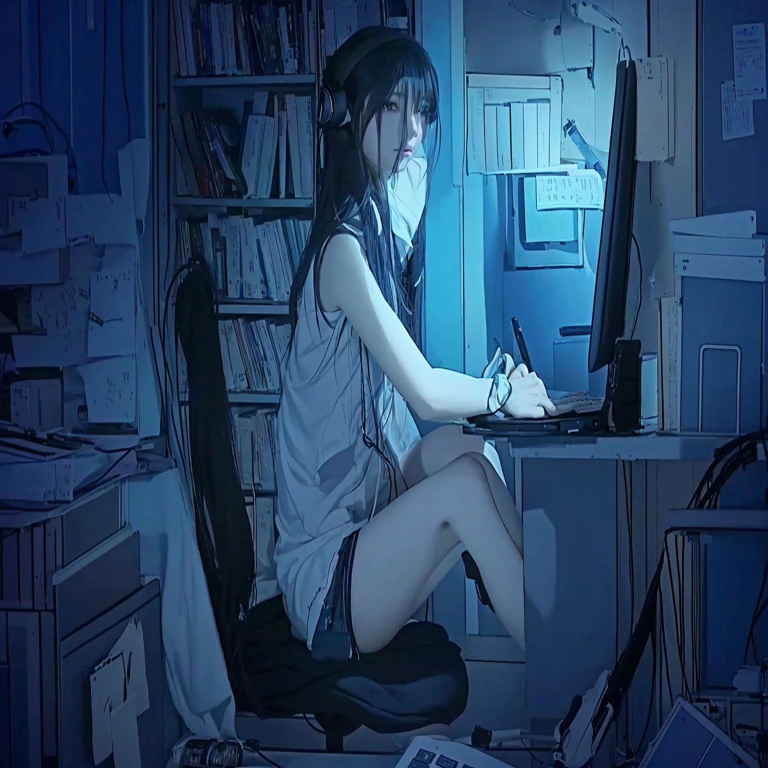 anime girl sitting at a desk with a laptop and headphones, nightcore, studying, anime style 4 k, anime lover, anime picture, (anime girl), by Yuumei, anime girl desktop background, anime vibes, at pixiv, digital art on pixiv, pixiv style, anime asthetic, modern anime style, pixiv, sexy girl, hot girl