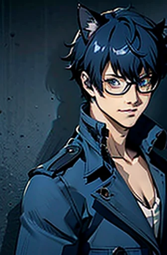 1boy, 20 years old, blue hair, short hair, spiked hair, hair over right eye, glasses, Smirk, upper body, blue eyes, dark blue trench coat, cat ears,,