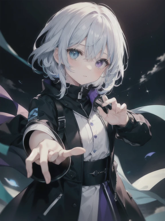 Masterpiece,Best quality,(A gloomy painting style:1.6),Solo,Boy,White hair,Short hair,(White shirt:1.4),((Face)) shirt,Shorts,Coat,Hood,Sneakers,Black coat,No breasts,Long sleeves,bangs,Fingerless gloves,Short hair,hair between eye,((gloomy expression)),(Pure black background:1.4),1 girl,monochrome,upper_body((holding star)),(star with hands:1.4),(Palms up)