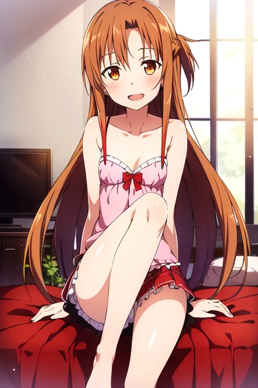 ((Best Quality)), ((masterpiece)), (be familiar with), Perfect Face, indoor, bedroom, Watching the audience,
One woman, Yuuki Asuna,
Open Mouth, Ecstatic expression, blush, smile,
Small breasts, Flat Chest, , , child, Girl,
Long Hair, Long Hair,
Leg spread,