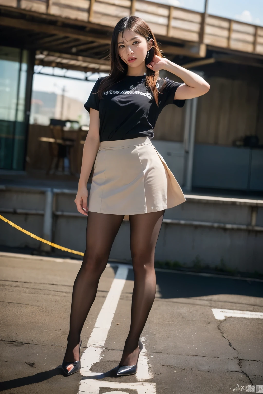 (((8k、High resolution、Highest quality、High resolution)))alone、Natural body shape、White skin、Natural Makeup、Halter neck dress、(Ultra-realistic pantyhose:1.3), Skirt and thighs、High heels、(Full Body Shot), Grin, Beautiful mature woman, pastel colour、Random Color、like affair、joy、Be excited、happiness、like、Love like、Field、(Strong winds:1.3), (The wind makes the skirt flip up:1.6), Wind lift