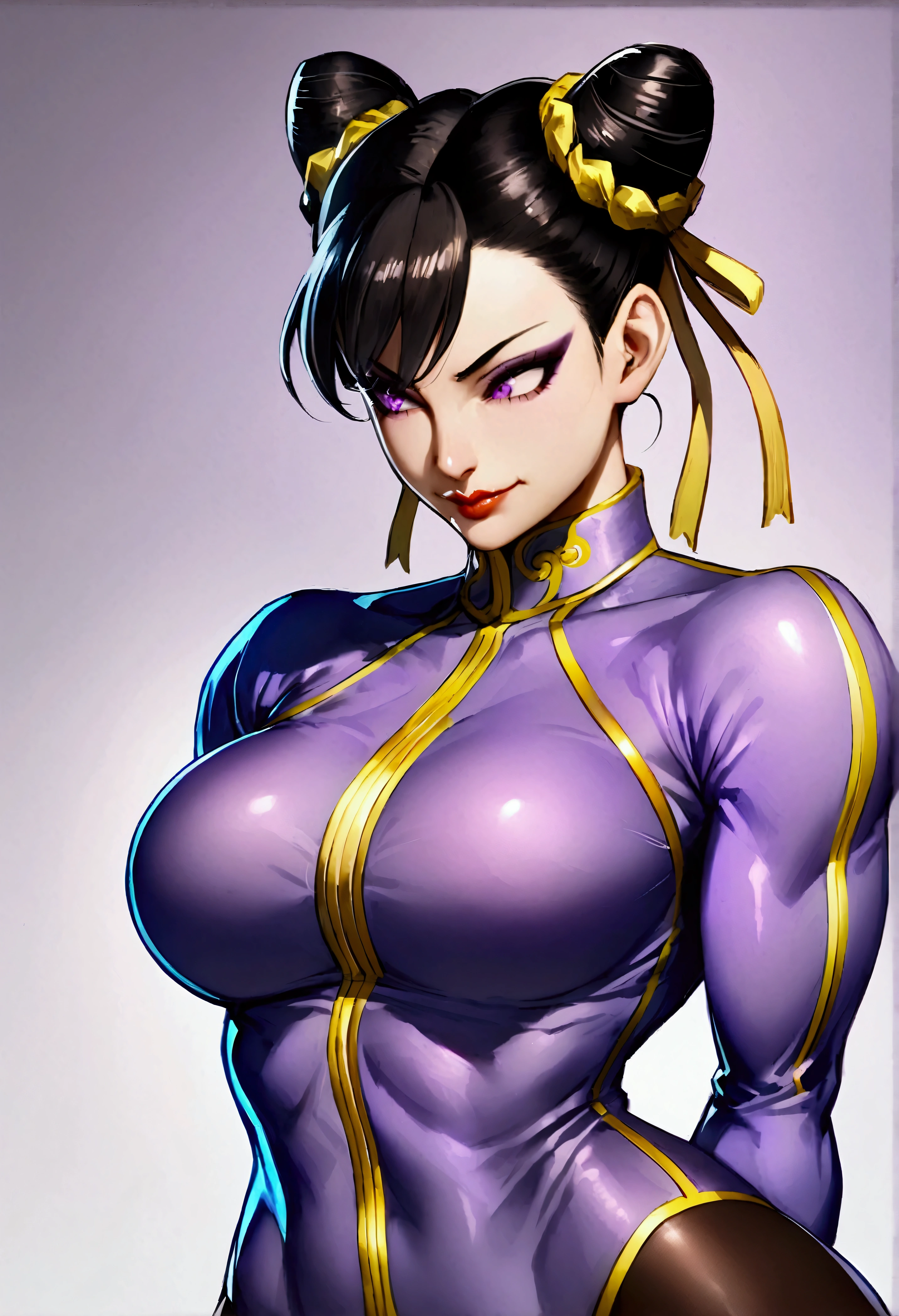 chun li,,dark eyeshadow,glare eyes,beautiful young fitness woman with , in a gym wearing May with black pantyhose, white and purple fitted gym jacket. standing alone,hair horns,bright purple eyes,Evil smile,legging preto ,lips,dark eyeshadow,glare eyes,head looking down,upward eyes,whole body,beautiful curves
