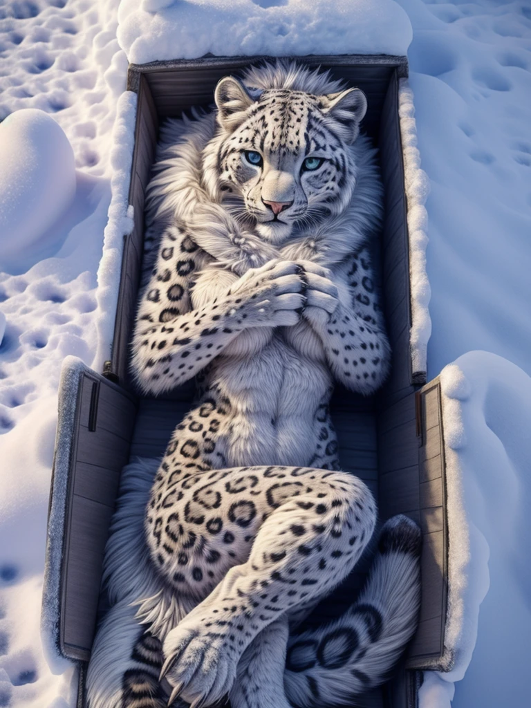 Snowleopard, humanity, Fuzzy, woman, very detailed fur, Naked, Female lies huddled, Top view, Snow, detailed body, perfect detailed hands, 4 fingers with medium-length claws, 3 toes with long claws, baring one&#39;s teeth, evil eye, perfect full breasts with nipples, dark inconspicuous vagina outdoors, Soles and pads, with mane, Mountains, Highest quality, photorealistic, high resolution, visually breathtaking (Detailed lighting), Natur, clear starry sky, Night