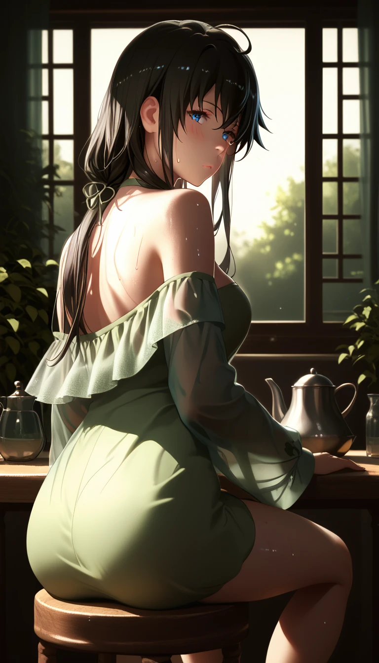 (hero neisan style:0.7), score_9, score_8_up, score_7_up, score_6_up, yukinoshita yukino, black hair, long hair, blue eyes, ahoge, BREAK beautiful detailed eyes, beautiful detailed lips, extremely detailed face and portrait, elegant expression, soft warm lighting, volumetric lighting, cinematic composition, detailed environment, lush garden, vibrant colors, intricate details, masterpiece, high resolution, digital painting, excessive sweating, sweating profusely, sweating drop BREAK, 1girl, green dress, ass, sitting, solo, dress, breasts, short dress, table, looking at viewer, blush, indoors, off shoulder, medium breasts, thighs, off-shoulder dress, closed mouth, notice lines, bare shoulders, bottle, bare legs, kettle, looking back, long sleeves, see-through, stool, off-shoulder jacket, jacket, open clothes, from behind, gloomy expression, half-closed eyes, sweating profusely, excessive sweating, sweating drop,
