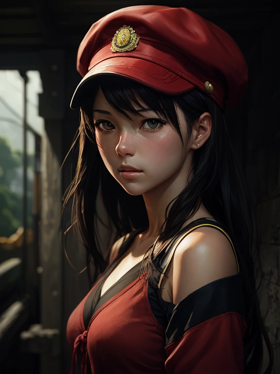 capitan girl with a sailor red cap,red and black color clothes anime key visual full body portrait character concept art, commander with flowing brunette hair green eyes,long straight black hair, brutalist grimdark fantasy, kuudere noble dictator, trending pixiv fanbox, rule of thirds golden ratio, by greg rutkowski wlop makoto shinkai takashi takeuchi studio ghibli jamie wyeth,bw, (natural skin texture, hyperrealism, soft light, sharp)