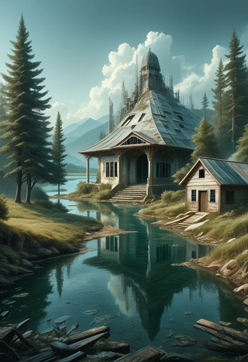 Abandoned house by the lake,landscape, water, (8k wallpaper of extremely detailed CG unit), most beautiful works of art in the world, majestic oil painting professional, intricate, high detail, sharp focus, dramatic and photorealistic painting art