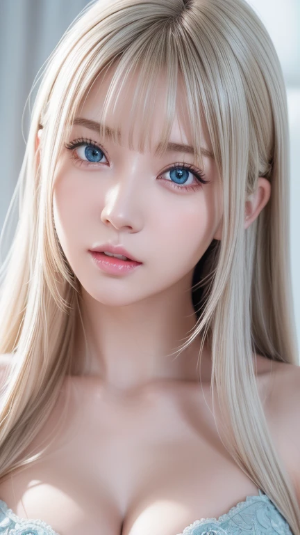 Highest quality、8K Masterpiece、Ultra-high resolution、(Realistic:1.3)、RAW Photos、 girl of Scandinavian descent with shiny blonde hair、Silvery blonde hair、Super long straight hair、Bangs between the eyes、Hair above the eyes、片Hair above the eyes、Hair between the eyes、White and lustrous skin、1. Cyberpunk Super Beautiful Soldier、((Ultra-Realistic Details))、Portraiture、Global Illumination、Shadow Realm、Octane Rendering、8k、Super sharp、Beautiful breasts、Bare skin in the cleavage is exposed、Metal、Cold colors、、Very intricate details、Realistic Light、CG Association Trends、Very beautiful, large light blue eyes、Very big eyes、Eyes shining towards the camera、Neon Details、Small Face Beauty、Round face、Cheek highlight