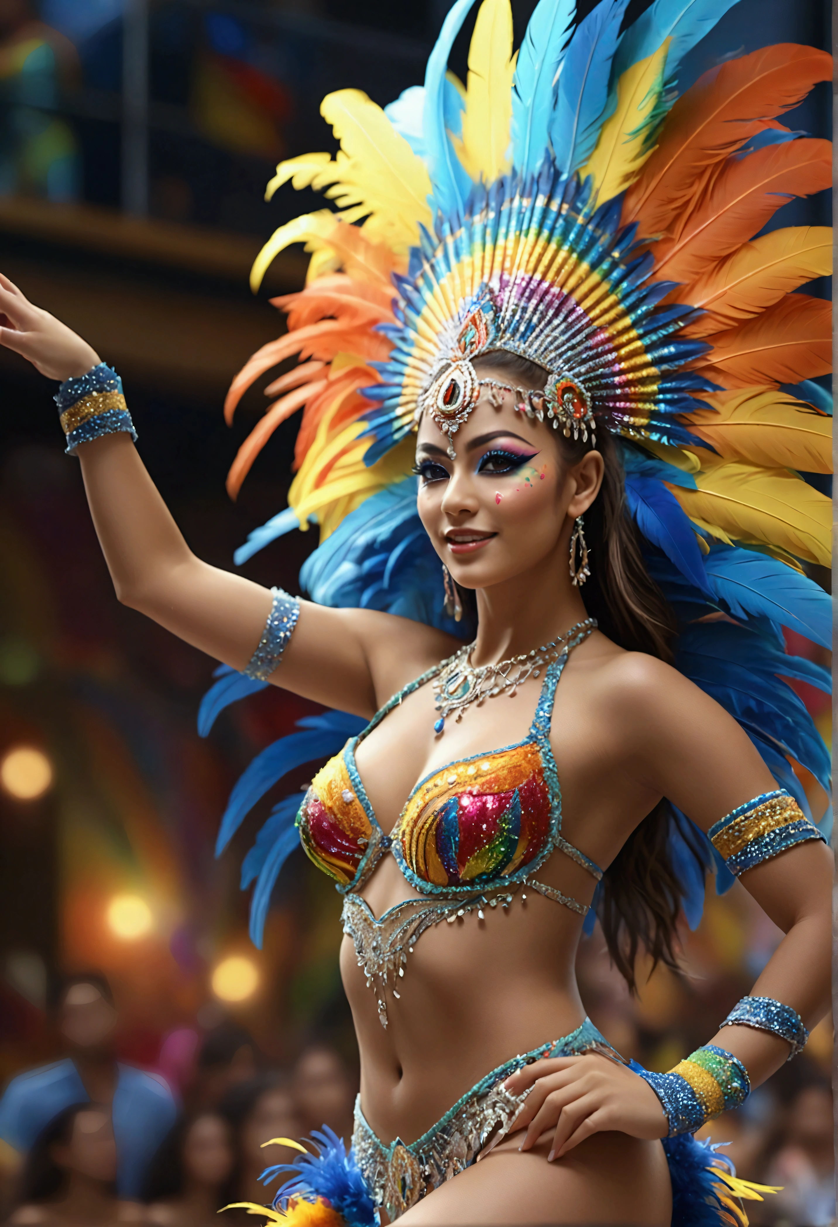 a beautiful brazilian dancer, detailed facial features, long hair, colorful carnival costume, dancing dynamic pose, vibrant colors, cinematic lighting, 8k, highly detailed, photorealistic
