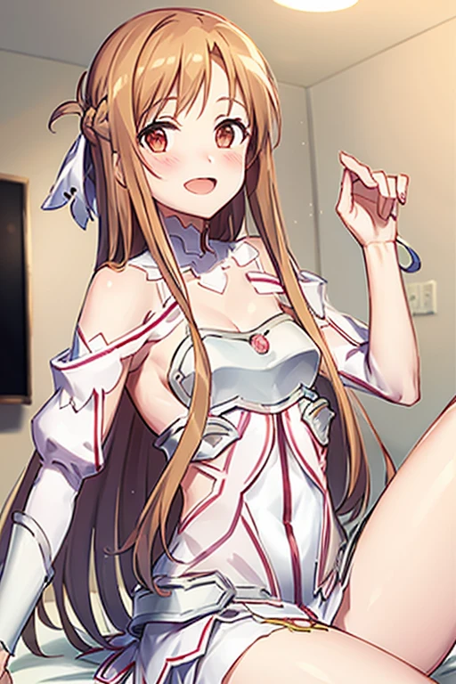 ((Best Quality)), ((masterpiece)), (be familiar with), Perfect Face, indoor, bedroom, Watching the audience,
One woman, Yuuki Asuna,
Open Mouth, Ecstatic expression, blush, smile,
Small breasts, Flat Chest, , , , Girl,
Long Hair, Long Hair,
Leg spread,