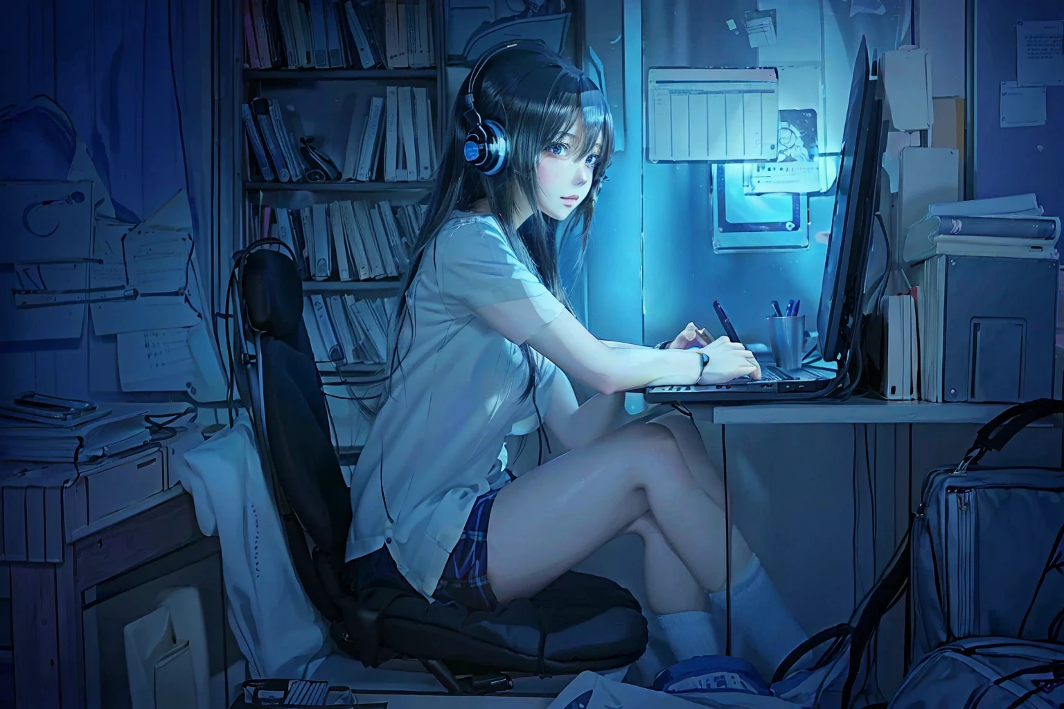 (masterpiece), Highest quality, Expressive eyes, Neon pastel aesthetics, Retro 90s, Neon color,((Girl sitting on sofa,In a cozy room,Records hanging on her wall, Comic books on the floor, Looking out the window behind her at the night city, Upholstered room, Anime figures lined up on a shelf)), Wearing headphones, (All around her it sparkles), (Wearing high socks and heels), (blue eyes), (Soft look), (Synthwave Art Style), Colorful Hair, Desk with PC set up