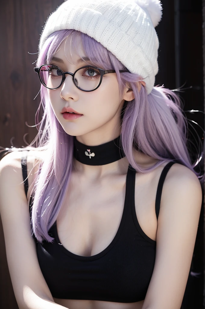 Beatiful woman with pink hair and glasses, kda lau, styl, range murata Realistic
