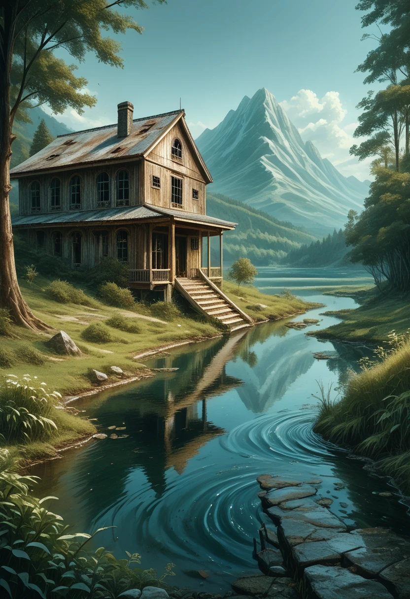 Abandoned house by the lake,landscape, water, (8k wallpaper of extremely detailed CG unit), most beautiful works of art in the world, majestic oil painting professional, intricate, high detail, sharp focus, dramatic and photorealistic painting art