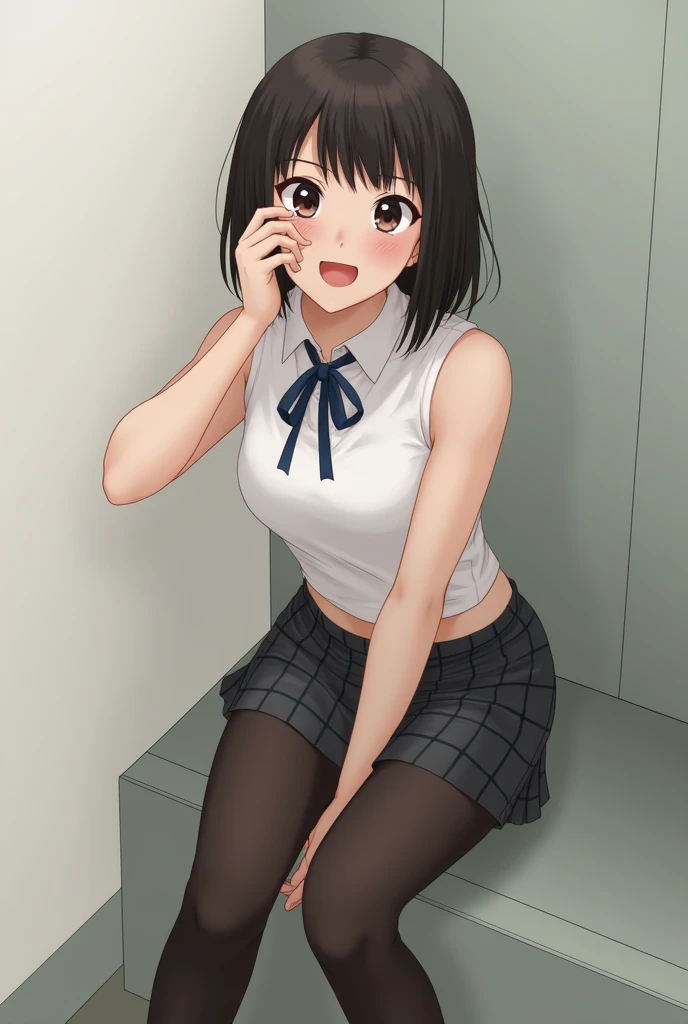 Girl with black hair showing her panties to the camera, opening your legs towards the camera almost sitting on it