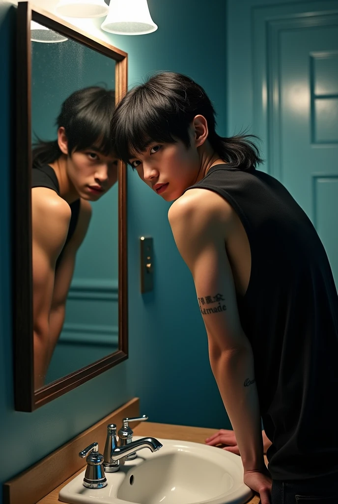 A young handsome Korean boy, white skin body,,stood taking a shower in a outdoor garden bathroom with many people passing by, nude ass,nude body, standing turn sideways to viewer ,
