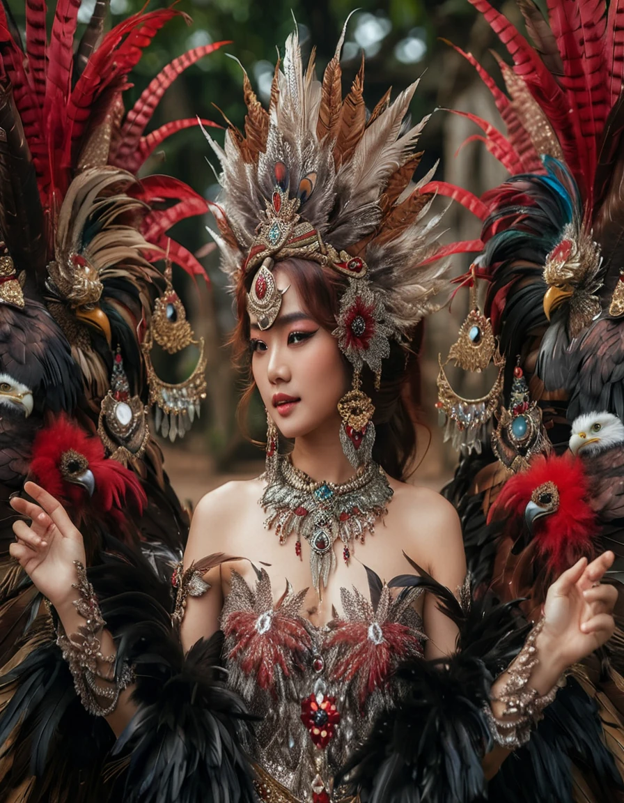 A portrait of a young Thai woman in a red costume with dense and long buring feathers, posing for photohraphy, she plays the role of a bird princess, cinematic and realistic portrait of a goddess, beautiful fantasy empress, eagle feather costume, dense eagle feather dress with black,silver, brown and gold colors, wearing an eagle head crown (real) with various luxurious decorations around, charming and elegant glamorous cosplay, eagle goddess, high quality costume, clean skinned and beautiful woman, fantasy eagle feather dress, graceful pose, masterpiece, high quality, realism.
1girl, High Resolution, Smile,Masterpiece, Accurate, Impressionism, Best Quality, High Resolution, Detail, High Details, High Quality, Super Detailed Textured Skin, Smile, Happy, Expressions, Facing Another, Wide Shot, 85mm, Atmospheric Perspective, Canon, F/1.8, F/2.8, F/Nikon, Nikon, Macro Photo, Sony FE GM, Impressionism, 8K Octane, Illustration, Action Painting, Artistic, Character Design, Digital Art, Futurism, Genre Painting, Hyperdetailed, Hyperrealism, Photorealistic, Portrait Photography, Pixel Art, Realism, Unreal Engine, 