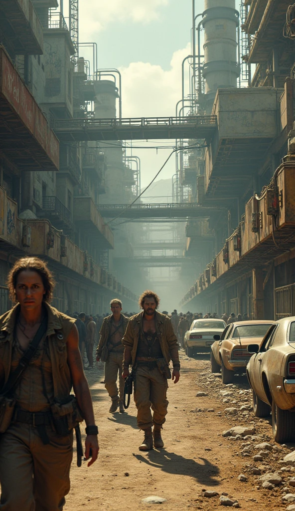 arafed image of a group of people walking in a dirty area, postapocalyptic style, background artwork, postapocalyptic, digital concept art of dystopian, fallout concept art, postapocalyptic grunge, post - apocalyptic style, post - apocalyptic warriors, post - apocalyptic, post-apocalyptic, in a post-apocalyptic wasteland