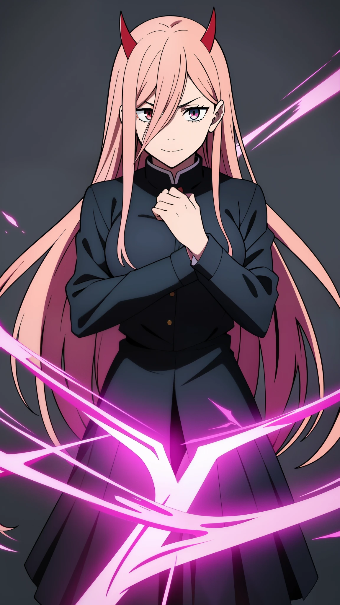 (high-quality, breathtaking),(expressive eyes, perfect face) 1girl, female, solo, teenager, pink hair, yellow and red eye color, long hair length, looking at viewer, half body, bright smile, kind face, cheerful expression, red sharp horns, anime shark teeth, dark black blue long sleeved shirt, collared shirt, ((dark black blue Skirt)), black thigh high socks, absolute territory jujutsu kaisen uniform, jujutsu high school uniform, flowy hair, feminine face, long straight hair, grey background, portrait, stylized hairstyle, Power from chainsaw man inspired, (vibrant light pink hair), powers eyes design