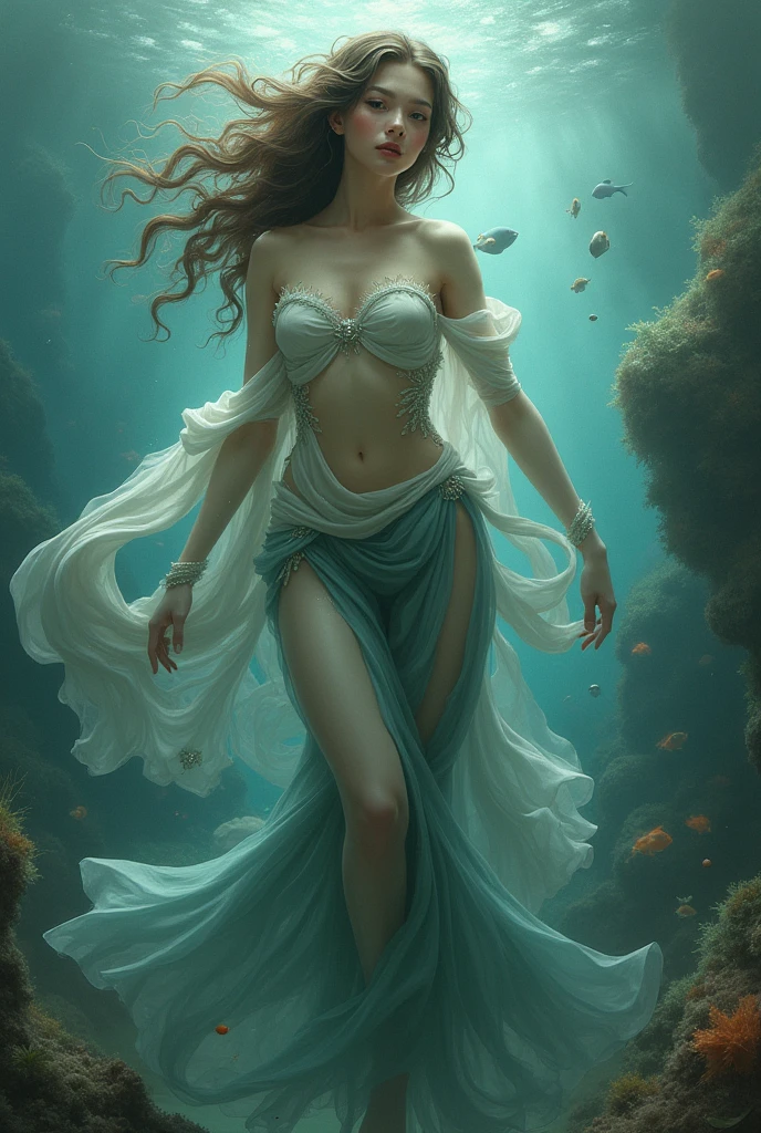 Beautiful girl in a white shine through dress that swims over the bottom of the Australian sea with lots of coral. Naked body visible under the dress, dirty 1.4