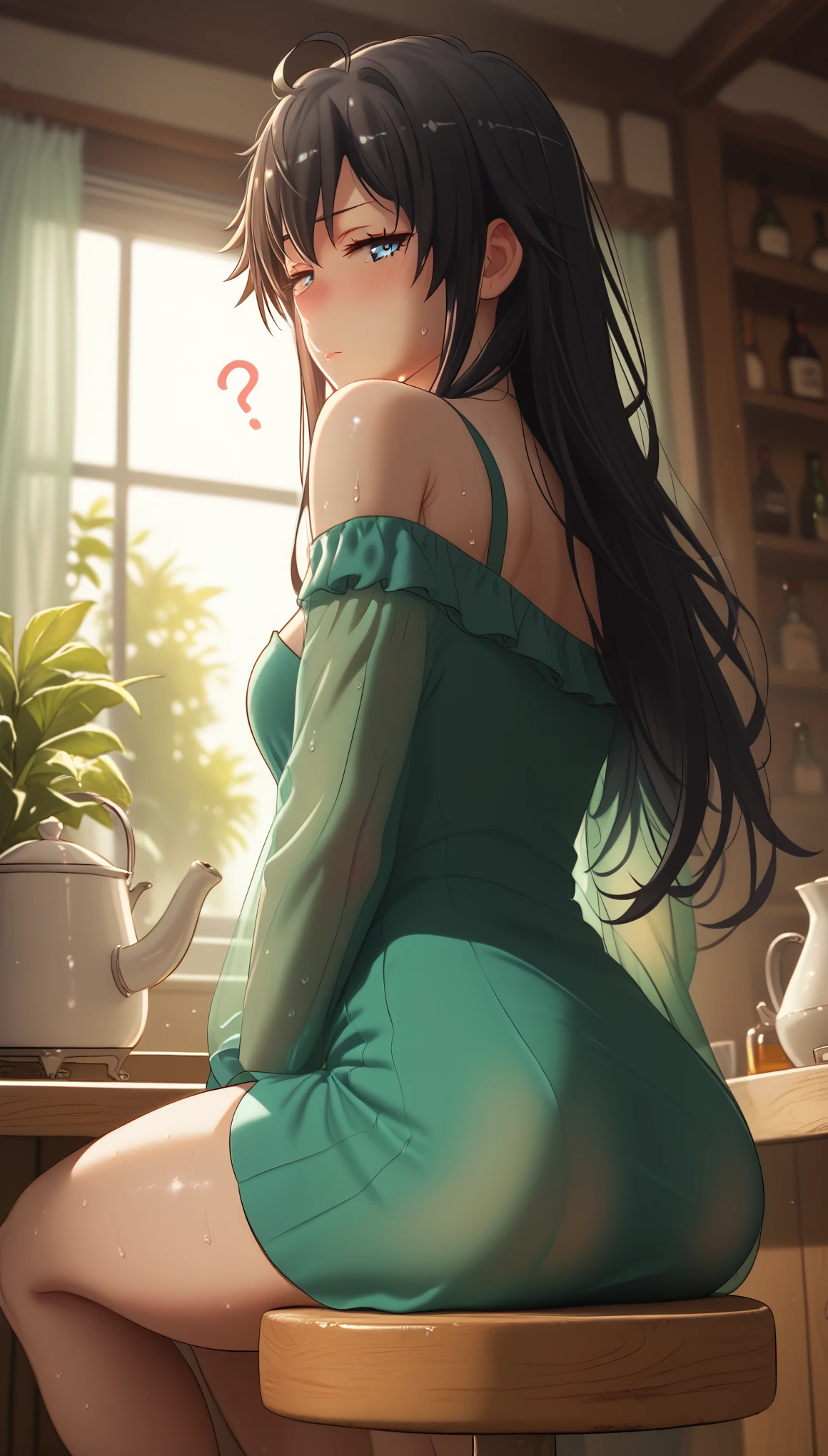 (hero neisan style:0.7), score_9, score_8_up, score_7_up, score_6_up, yukinoshita yukino, black hair, long hair, blue eyes, ahoge, BREAK beautiful detailed eyes, beautiful detailed lips, extremely detailed face and portrait, elegant expression, soft warm lighting, volumetric lighting, cinematic composition, detailed environment, lush garden, vibrant colors, intricate details, masterpiece, high resolution, digital painting, excessive sweating, sweating profusely, sweating drop BREAK, 1girl, green dress, ass, sitting, solo, dress, breasts, short dress, table, looking at viewer, blush, indoors, off shoulder, medium breasts, thighs, off-shoulder dress, closed mouth, notice lines, bare shoulders, bottle, bare legs, kettle, looking back, long sleeves, see-through, stool, off-shoulder jacket, jacket, open clothes, from behind, gloomy expression, half-closed eyes, sweating profusely, excessive sweating, sweating drop,
