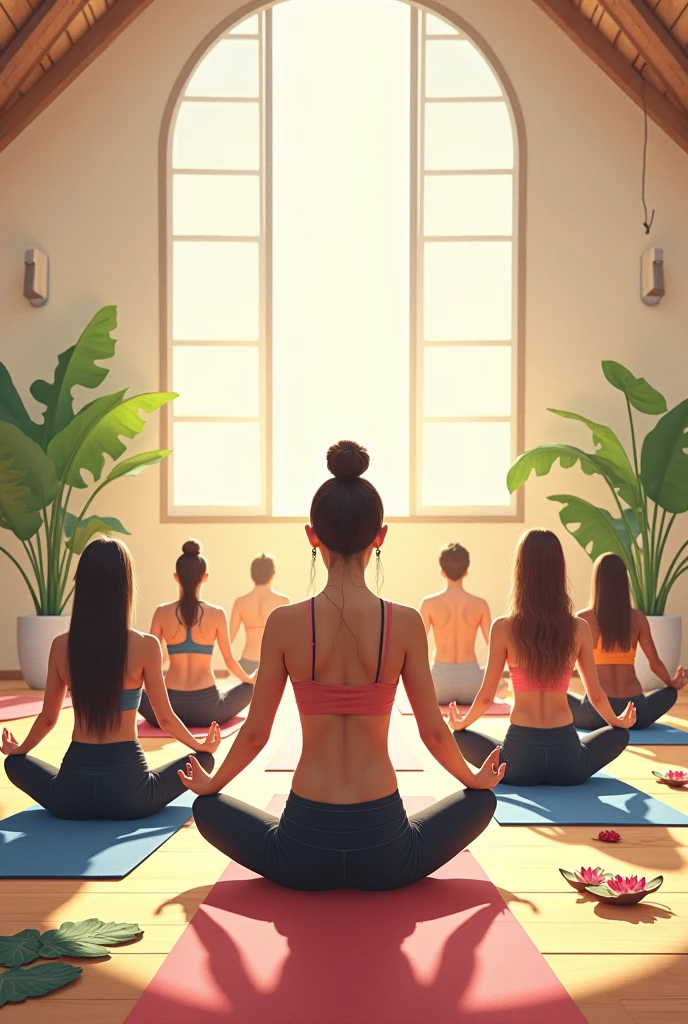 Please draw an illustration of a cool 67-year-old woman with short, brown bob hair, a yoga instructor, teaching in a studio.。