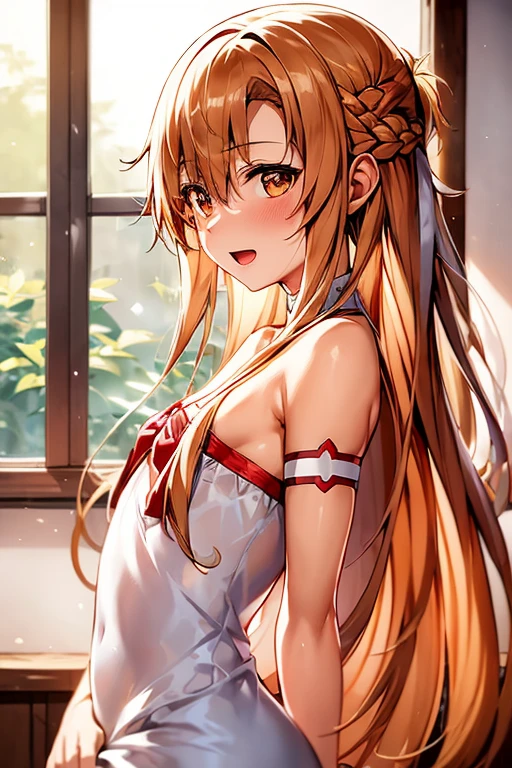 ((Best Quality)), ((masterpiece)), (be familiar with), Perfect Face, indoor, bedroom, Watching the audience,
One woman, Yuuki Asuna,
Open Mouth, Ecstatic expression, blush, smile,
Small breasts, Flat Chest, , , child, Girl,
Long Hair, Long Hair,
Leg spread,