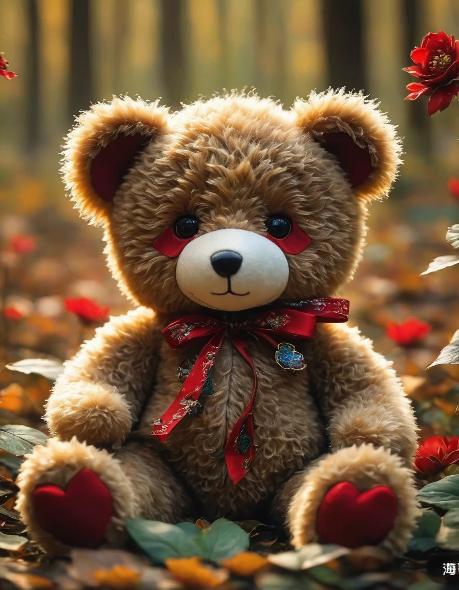 (masterpiece, Best quality: 1.2),1 Scary Teddy Bear，Delicate red eyes,giggle，,(),，Take a knife，Low light，The Forest,，Horror atmosphere,Ultra HD, masterpiece, High Detail, high quality, Best quality, high resolution