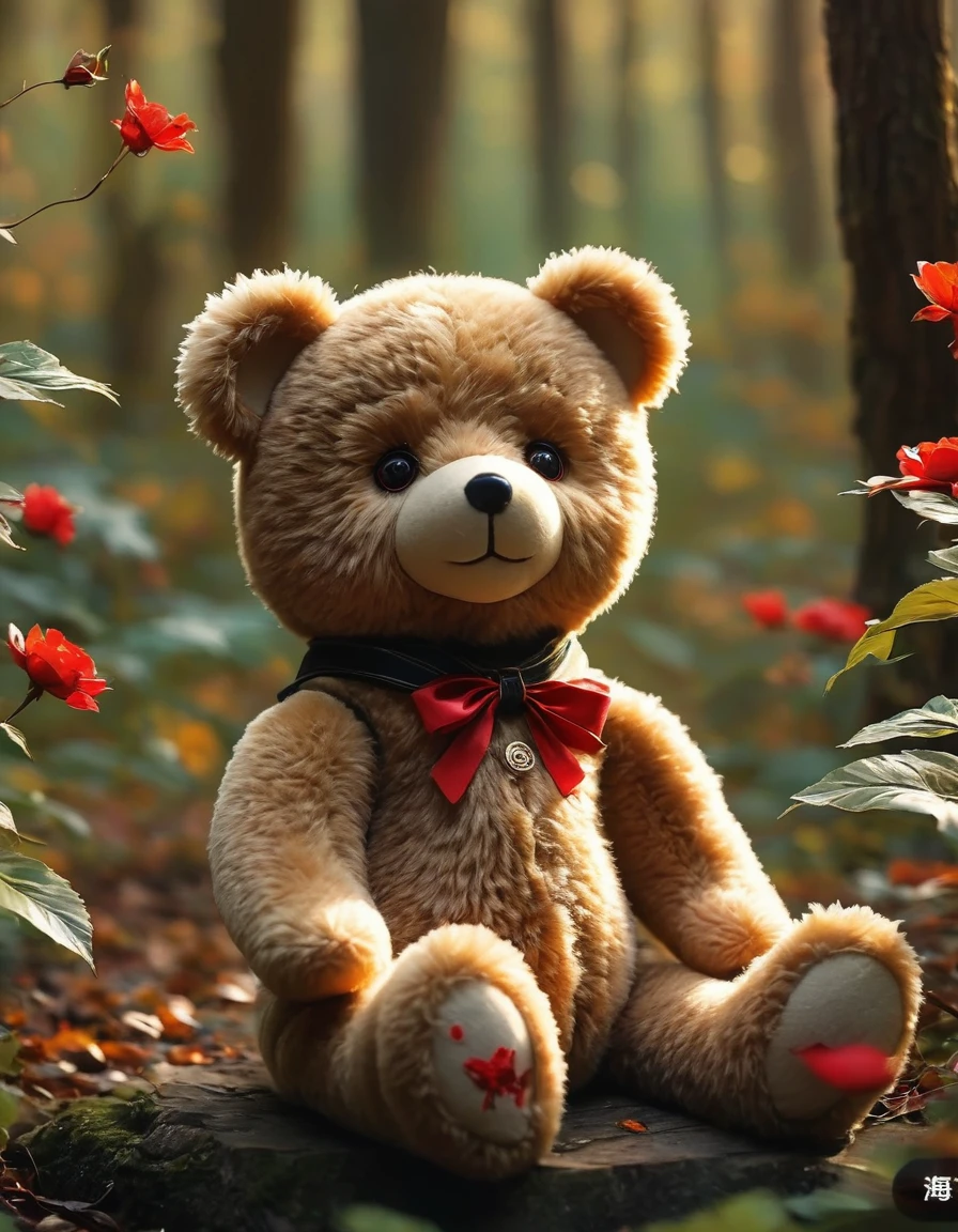 (masterpiece, Best quality: 1.2),1 Scary Teddy Bear，Delicate red eyes,giggle，,(),，Take a knife，Low light，The Forest,，Horror atmosphere,Ultra HD, masterpiece, High Detail, high quality, Best quality, high resolution