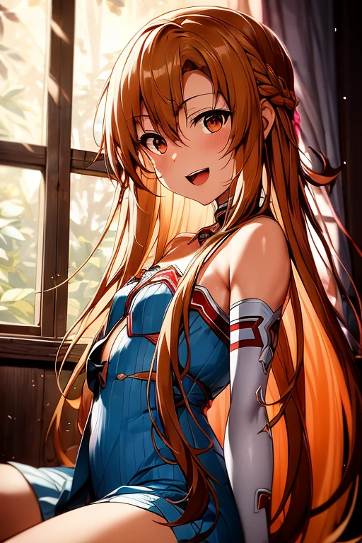 ((Best Quality)), ((masterpiece)), (be familiar with), Perfect Face, indoor, bedroom, Watching the audience,
One woman, Yuuki Asuna,
Open Mouth, Ecstatic expression, blush, smile,
Small breasts, Flat Chest, , , child, Girl,
Long Hair, Long Hair,
Leg spread,