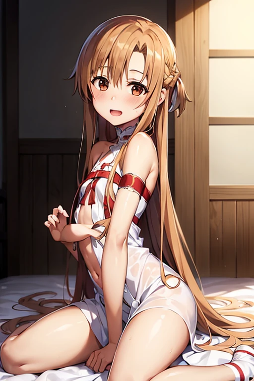 ((Best Quality)), ((masterpiece)), (be familiar with), Perfect Face, indoor, bedroom, Watching the audience,
One woman, Yuuki Asuna,
Open Mouth, Ecstatic expression, blush, smile,
Small breasts, Flat Chest, , , child, Girl,
Long Hair, Long Hair,
Leg spread,