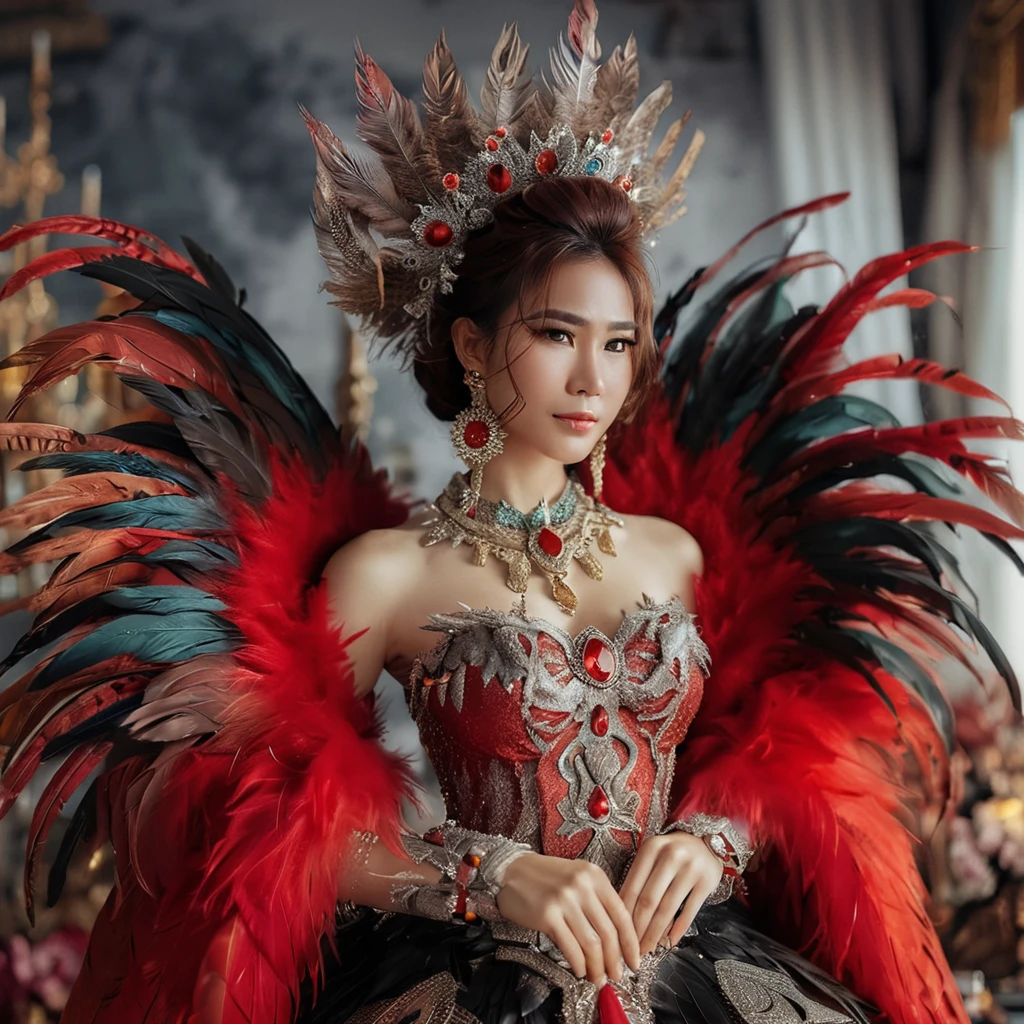 A portrait of a young Thai woman in a red costume with dense and long buring feathers, posing for photohraphy, she plays the role of a bird princess, cinematic and realistic portrait of a goddess, beautiful fantasy empress, eagle feather costume, dense eagle feather dress with black,silver, brown and gold colors, wearing an eagle head crown (real) with various luxurious decorations around, charming and elegant glamorous cosplay, eagle goddess, high quality costume, clean skinned and beautiful woman, fantasy eagle feather dress, graceful pose, masterpiece, high quality, realism.
1girl, High Resolution, Smile,Masterpiece, Accurate, Impressionism, Best Quality, High Resolution, Detail, High Details, High Quality, Super Detailed Textured Skin, Smile, Happy, Expressions, Facing Another, Wide Shot, 85mm, Atmospheric Perspective, Canon, F/1.8, F/2.8, F/Nikon, Nikon, Macro Photo, Sony FE GM, Impressionism, 8K Octane, Illustration, Action Painting, Artistic, Character Design, Digital Art, Futurism, Genre Painting, Hyperdetailed, Hyperrealism, Photorealistic, Portrait Photography, Pixel Art, Realism, Unreal Engine, 