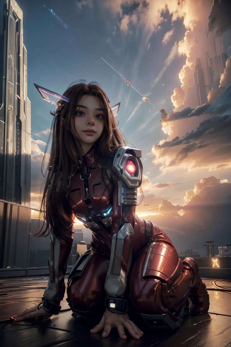 ((masterpiece, best quality, extremely detailed), volumetric lighting, ambient occlusion, colorful, glowing), 
1girl, solo, young girl, (brown hair), long hair, halo, aura, sacred, godness, cyber suit, (Red outfit:1.3), android, bot, angel wings,
outdoors, sunset, sky, clouds, space, (cyberpunk theme:1.2),